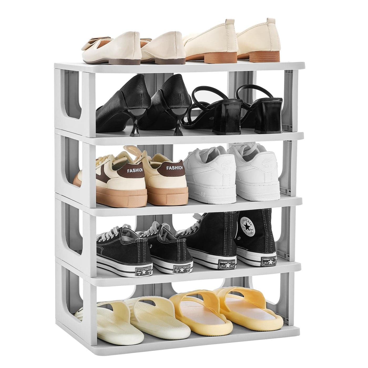 TRZZ 5Tier Small Shoe Rack Vertical Narrow Stackable Organizer with Removable Partition Efficient Shoe Storage for Closet Entryway and Small Spaces Grey