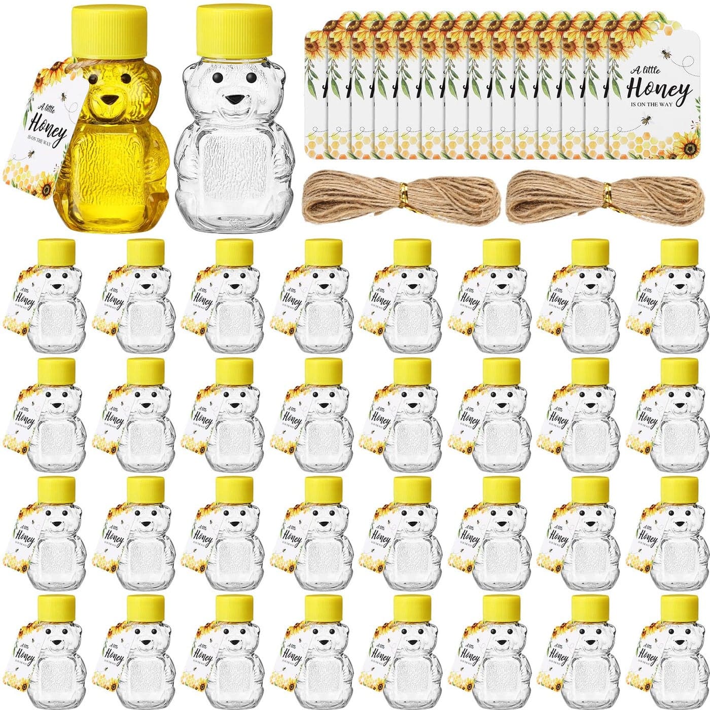 FoldTier 50 Sets 2oz Plastic Honey Bear Bottle Gifts 50 Bear Shape Clear Empty Honey Jar with Screw Yellow Lid 50 Tags 2 Rolls Jute Rope Mini Honey Containers Honey Dispenser Baby Shower Party Favors