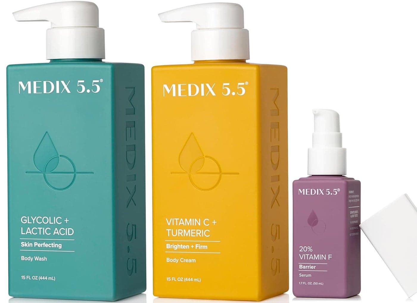Medix 55 Anti Aging Skin Care 3PC Set Vitamin C Body Cream Exfoliating AHA Glycolic Acid Foaming Face Body Wash Vitamin F Booster Serum Wash Treat Hydrate Skincare Set