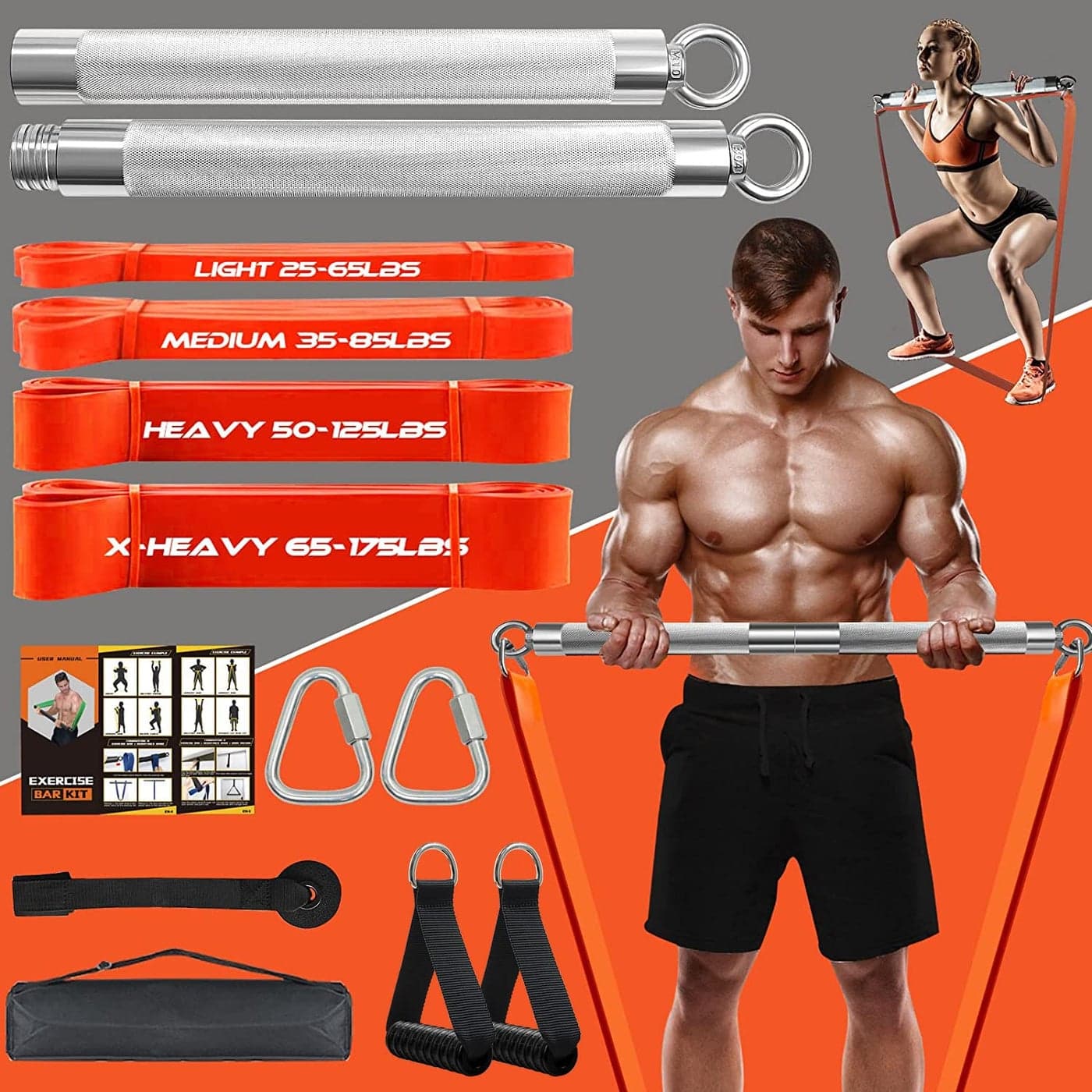 Detachable Resistance Band Bar Set for Home Gym 500LBS Capacity with 4 Stackable Bands Door Anchor Workout Guide