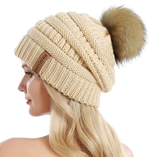 QUEENFUR Women Knit Slouchy Beanie Chunky Baggy Hat with Faux Fur Pompom Winter Soft Warm Ski Cap