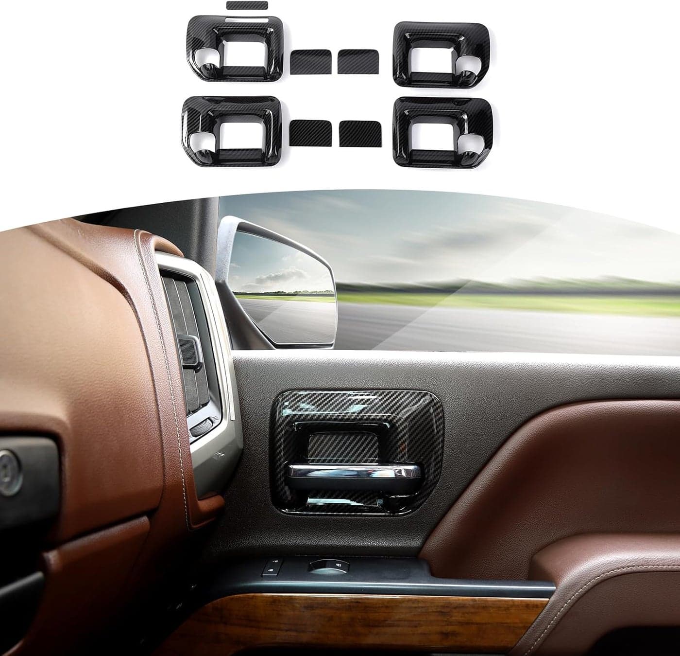 RT-TCZ Carbon Fiber Inner Door Handle Bowl Trim Cover for Chevy Silverado & GMC Sierra 2014-2018 - 4pcs