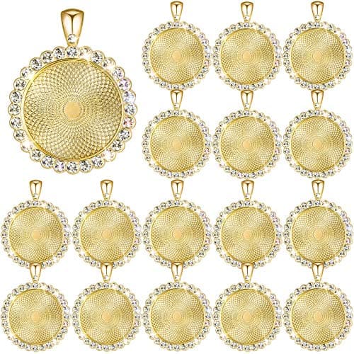 Hicarer 32 Pieces Rhinestone Bezel Pendant Trays Blanks Cabochon Pendant Setting DIY Trays for Crafts Jewelry Making Projects (Gold)