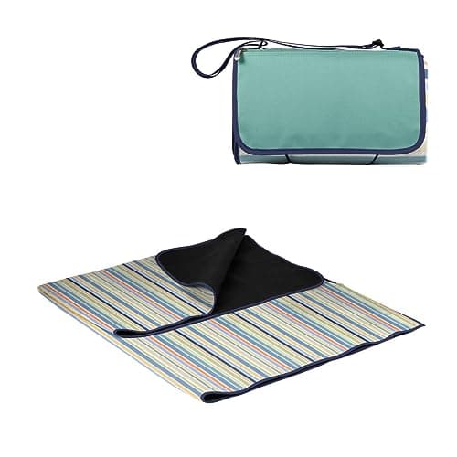 PICNIC TIME Outdoor Picnic Blanket Tote, 59"x51" Foldable Beach & Camping Blanket with Soft Fleece, Water-Resistant Bottom, Adjustable Strap & Zippered Pocket (St. Tropez - Sky Blue, Multi Stripe)