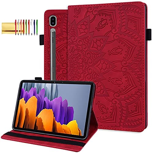 Folio Case for Samsung Galaxy Tab S10 Ultra 2024/S9 Ultra 2023/S8 Ultra 2022 14.6", Techcircle Mandala Embossed PU Leather Stand Soft Back Cover Slim Elastic Band Case w/Card Slots+Pen Holder, Red