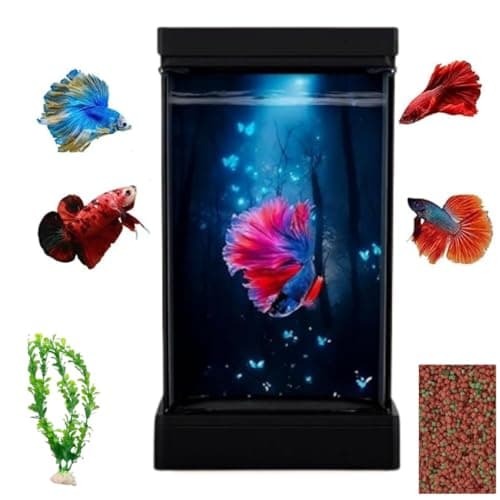 KSH STORE ® Betta Fish Tank Transparent Small Desktop Aquarium for Home and Living Room, with USB 7 Colour LED Light Easy to Clean and Maintain | Mini Portable Fish Tank .Food,Plant.Black