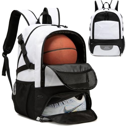 RTRYALN Basketball Backpack Large Sports Equipment Bag with Ball Holder Shoe Compartment for Basketball white