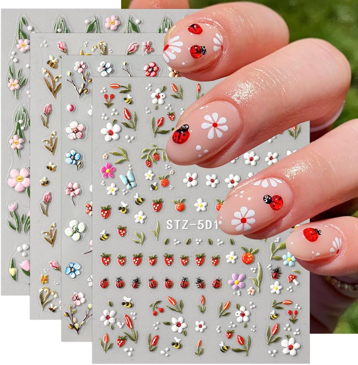 JMEOWIO 3D Embossed Flower Fruit Nail Art Stickers Decals SelfAdhesive 5D Nail Supplies Nail Art Design Decoration Accessories 4 Sheets