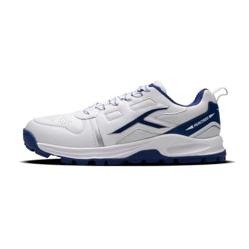 Hundred Unisex-Adult Hyperturf Cricket Shoes | Terraspike Rubber Studs | Embedded Support Plate for Stability | Lightweight & Durable | Ideal for Turf, Ground & Hard Surfaces (White/Navy ; UK 9)