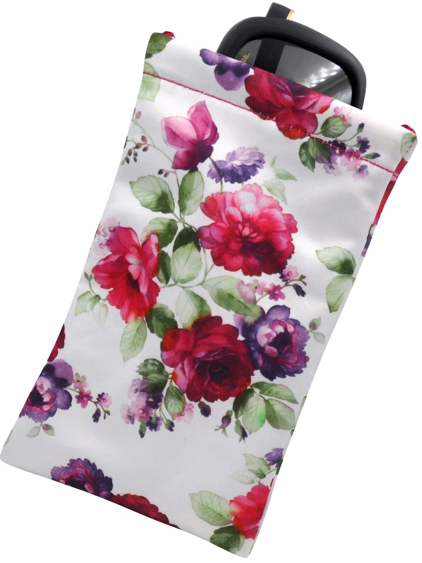 MyEyeglassCase Women Soft Sunglasses Case - Large Glasses Holder in Floral Microfiber Print - Squeeze Top Eyeglass Pouch with Cloth - Passport Holder, Smart Phone Case (CT8 Cranberry Rose)