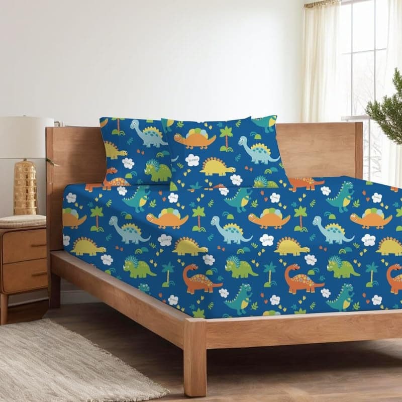 Mahaveer Cotton Microfiber Decorative 3Pc Dreamy Printed Bedsheet for King Size (108X108 in) with 2 Pillowcover (17X27 in) Soft/Breathable Wrinkel Free Hostel/Bedroom Decor_Baby Dinosaur