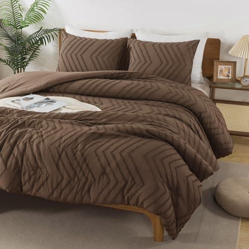 Andency Brown Comforter Set King Size, Boho Soft Warm Tufted Bedding Comforter Sets for King Size Bed, 3 Pieces Aesthetic Chevron Farmhouse Cute Bohemian Textured Bedding Set