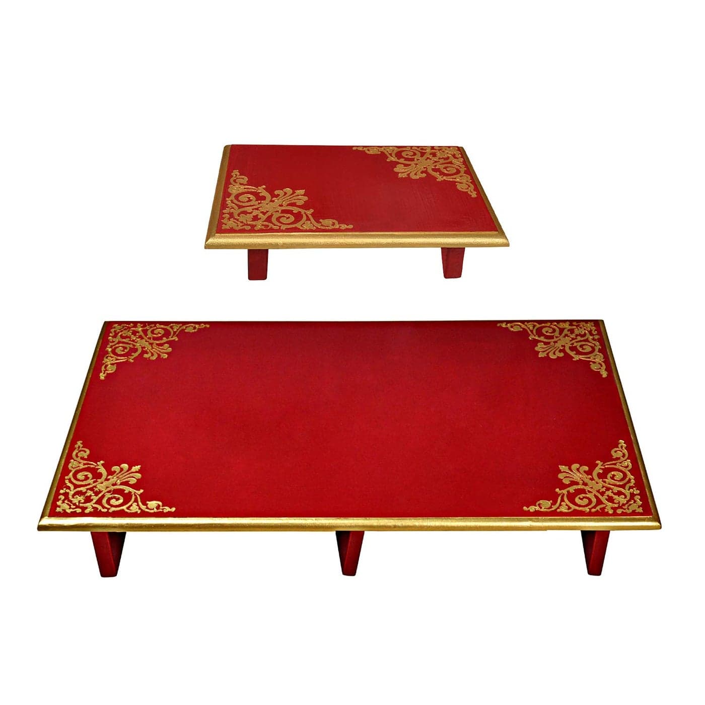 Lalhaveli Red Hand Painted Pooja Chowki Stool for Home Decorations Puja Room Patala Diwali Gifts Set of 2 Pcs