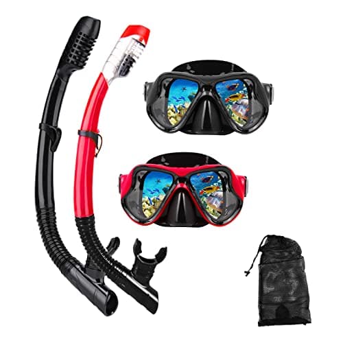 DIPUKI Snorkeling Gear for Adults Snorkel mask Set Scuba Diving mask Dry Snorkel Swimming Glasses Swim Dive mask Nose Cover Youth Diving (Black+red(2 Pack))