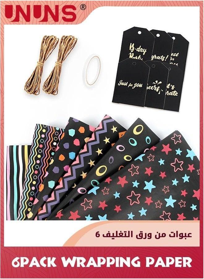 Wrapping Paper Sheets,Birthday Set Included 6 Pack Gift Wrap Papers,6Pcs Card,2Pcs Rope And tape For Present,Eco Birthday Women,Men,Female,Girls,Boys