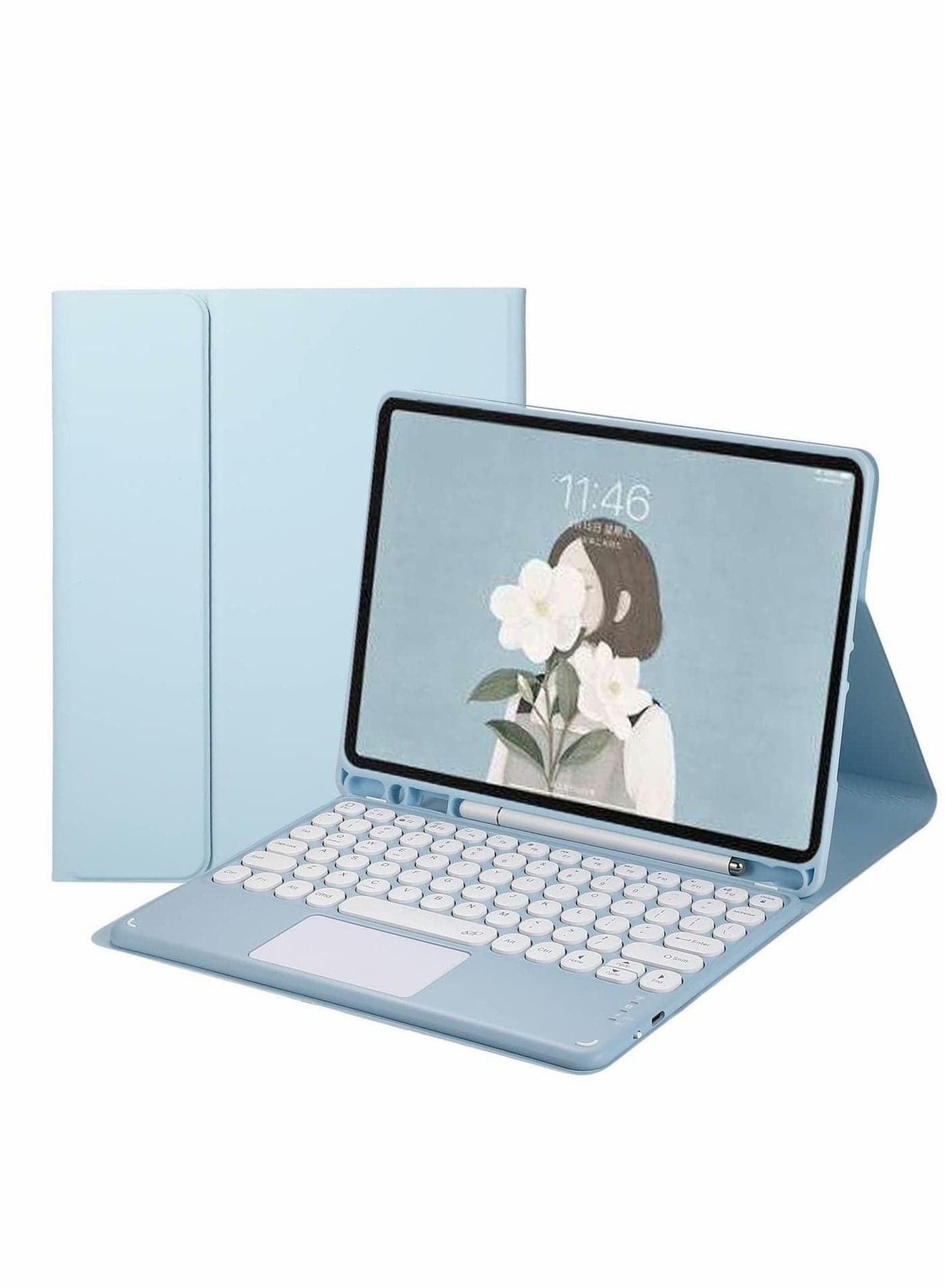 For Samsung GalaxyA7 T500/T505 with Keyboard Charging Cable Cover Touchpad Detachable Cute Round Keys(Sky Blue)