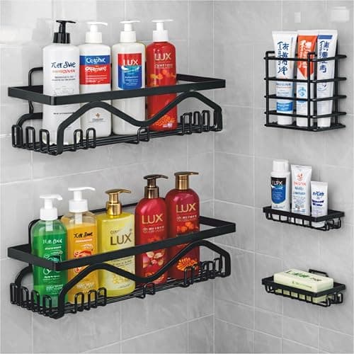 JIALTO Bathroom Accessories 5-in-1 Self-Adhesive Bathroom Organizer Combo | No-Drill Wall-Mounted Self-Adhesive Wall Shelf Set with Soap Dish, Toothbrush Holder & Metal Racks (Black)