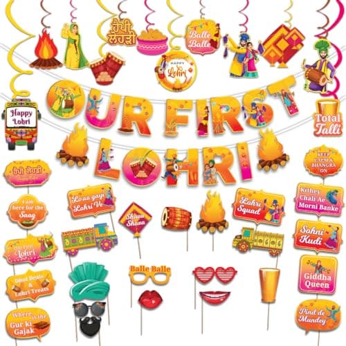 Festiko® Lohri Combo: Banner, Props, Swirls for Newly Married Couples - Lohri Decoration Pack
