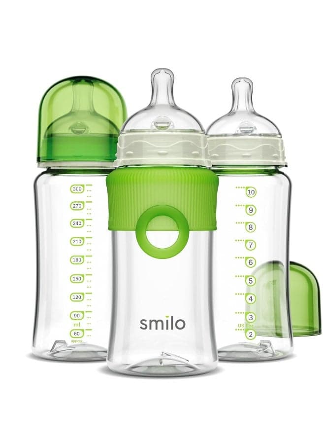 Smilo Baby Bottle Set with Stage 0 Slow Flow Anti Colic Nipple, 10 Oz / 300 ml Capacity, 3X Pack of Anti Colic Baby Bottles 0-3 Months - Glow in The Dark