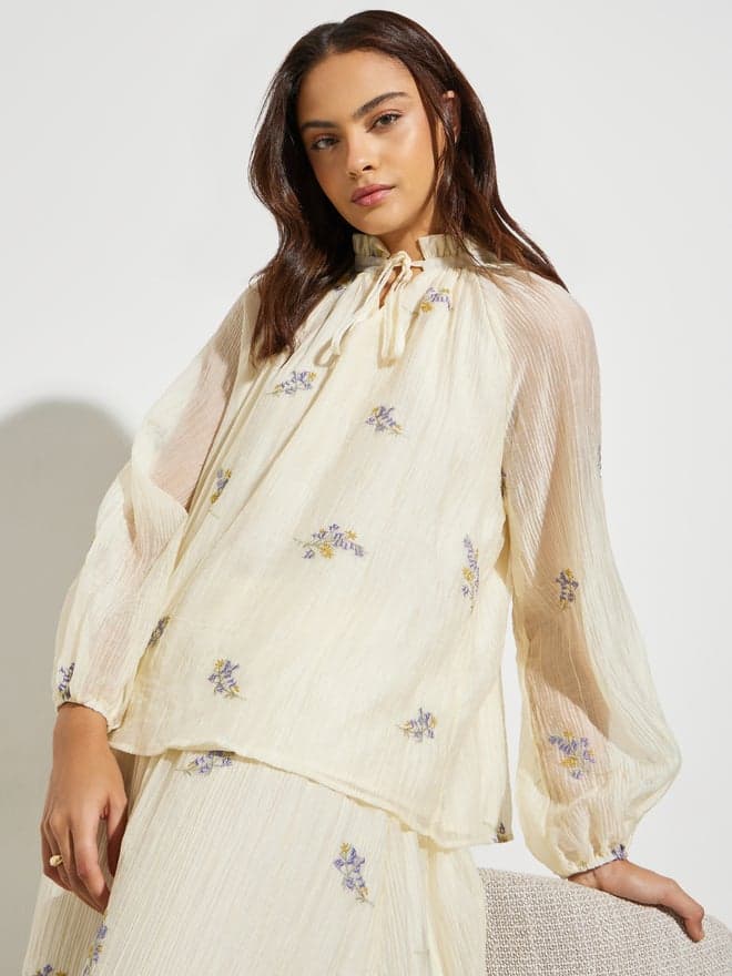Off White Embroidered Tie-Up Neck Blouse — M