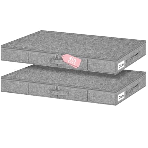 Low Profile Under Bed Storage Containers, 4" Tall Underbed Storage with Rigid Sidewalls & Bottom, Shallow Clothes Storage Organizer Bin with Lid for Couch Sofa Dorm, 2-Pack, 33.5 x 16 x 4 Inches Grey