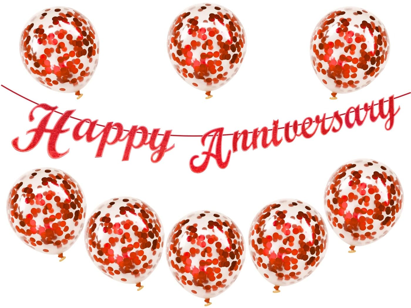 Flyloons Red Happy Anniversary Banner with Confetti Balloons Decoration Kit for Men Women 8 Pcs Red Colour Confetti Meatallic Balloons Reusable Happy Wedding Anniversary Banner