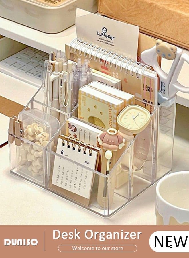 Acrylic Desk Organizer, 5 Compartments Pencil Organizer, Multiple Functional Pen Holder, Desktop Stationery and Accessories Organizer Caddy for Office School Home & Art Supplies