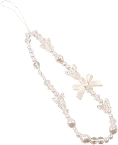 Juroicessry White Mobile Phone Lanyard Universal Phone Chain Black Bow White Pearl Beaded Phone Lanyard Wrist Strap Anti Lost Phone Charm Strap Fashion Phone Case Keychain Cell Phone Pendant