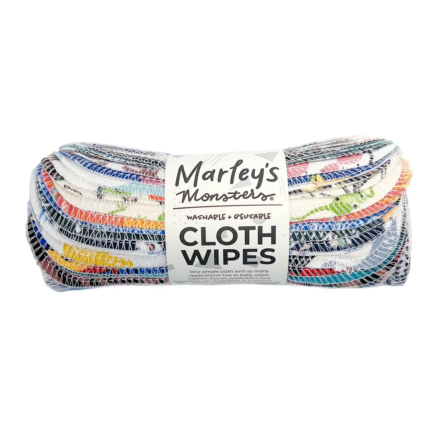 Marleys Monsters Reusable Cloth Wipes 24 Count Pack Washable Cotton Paperless Wipes Surprise Prints