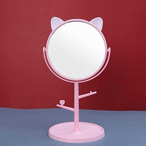 Leeonz Desk Mirror in Cute Cat Ears Shape, Makeup & Vanity Mirror for Bathroom or Bedroom, Desk Mirror for Makeup & Freestanding Mirror, Folding Design for Tabletop (Pink)