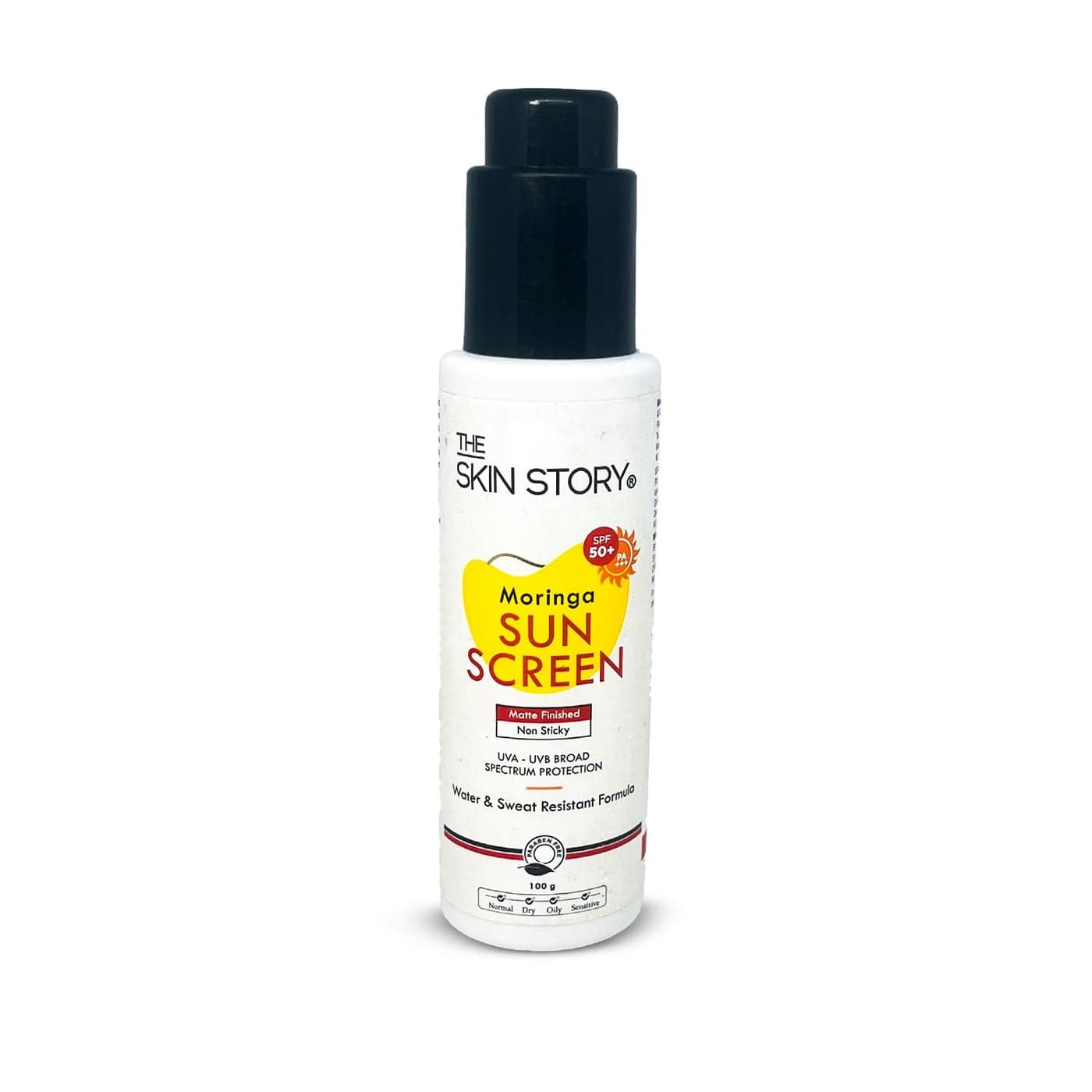 The Skin Story Moringa Sunscreen SPF 50 Broad Spectrum UVA UVB Protection AntiAging Formula with Moringa Oil Water Sweat Resistant Matte Finish No White Cast Suitable for All Skin Types 100g