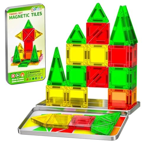 SKTMYY Mini Magnetic TilesTravel Magnetic Tiles with Iron BoxCar Airplane Travel Essentials for Kids Ages 3Creative STEM Magnet Toys Birthday Gift for Boys Girls