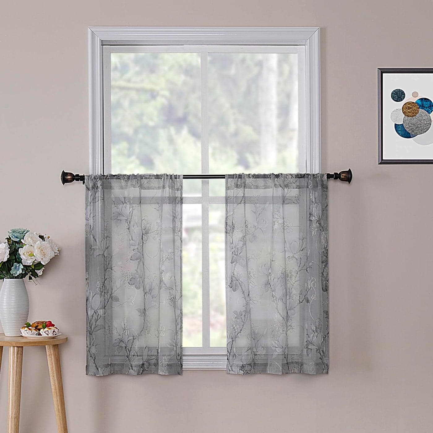 Tollpiz Floral Short Grey Sheer Tier Curtains Flower Print Vine Embroidery Kitchen Half Curtain Rod Pocket Caf Voile Window Curtains for Bathroom 30 x 24 inches Long Set of 2 Panels