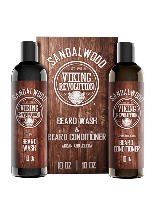 Beard Wash & Beard Conditioner Set w/Argan & Jojoba Oils - Softens & Strengthens - Natural Sandalwood Scent - Beard Shampoo w/Beard Oil (10oz)