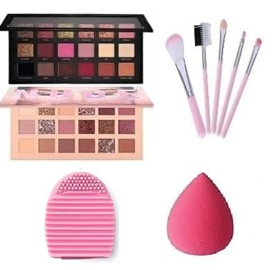 SKINPLUS Combo of Rose Gold Eyeshadow Palette With Nude 18 Color 5 Pc Makeup Brush And Puff with Cleaner