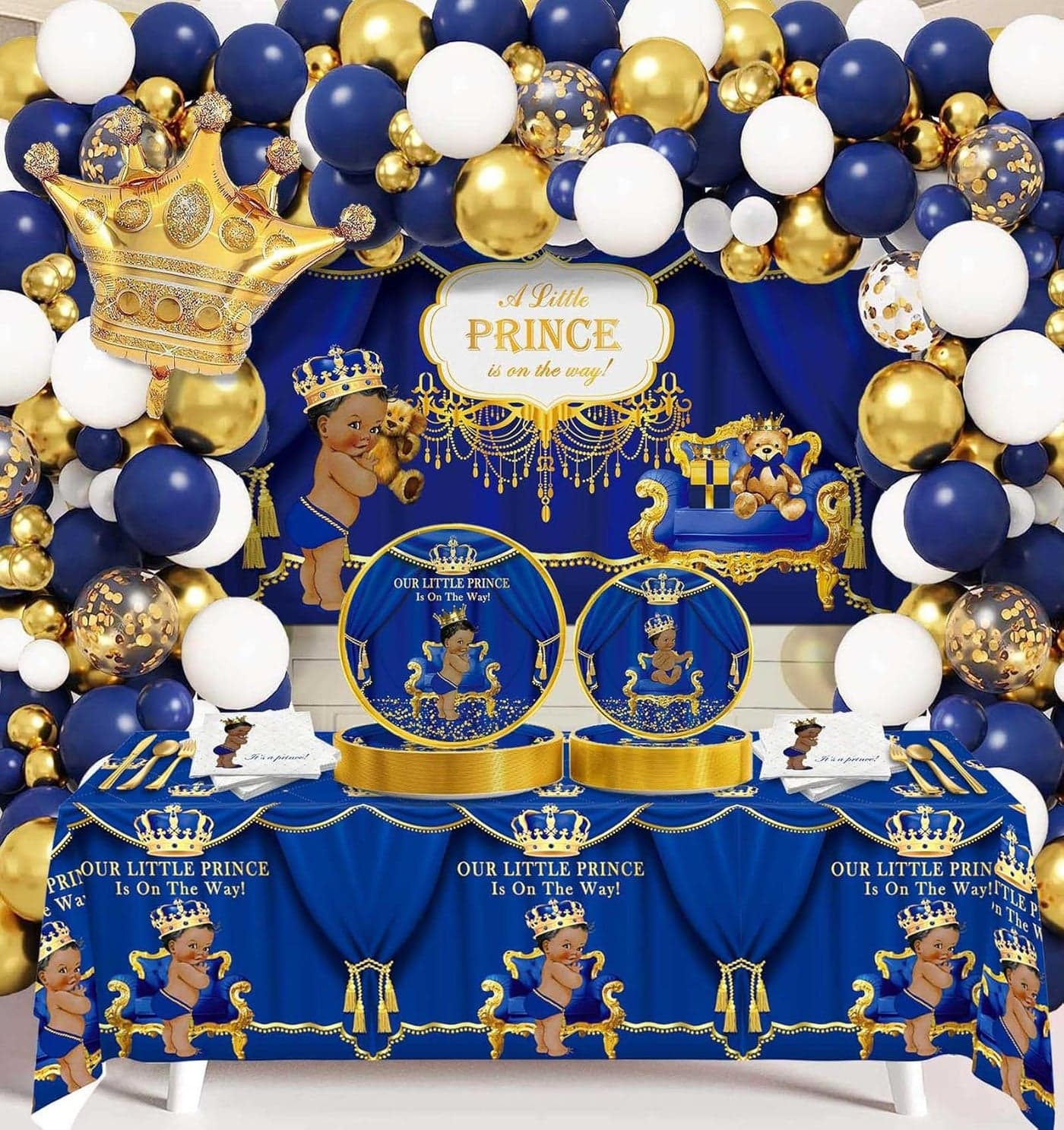 262PCS Royal Prince Baby Shower Decorations Little Prince Party Supplies Royal Blue Prince Disposable Dinnerware Set 24 Guest with Napkins Backdrop Balloon Garland Kit Tablecloth