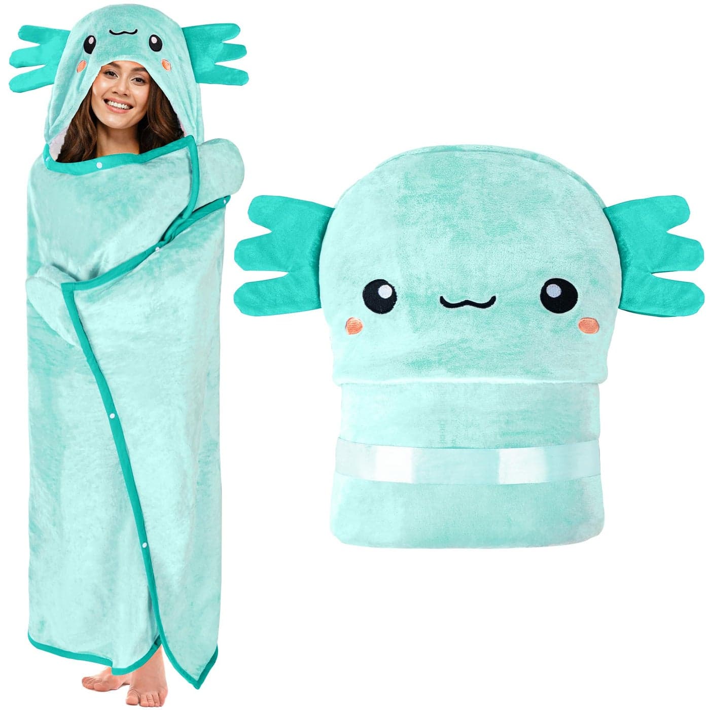 Axolotl Wearable Hooded Blanket for Adults Super Soft Warm Cozy Plush Flannel Fleece Sherpa Hoodie Throw Cloak Wrap Axolotl Gifts for Women Adults and Kids