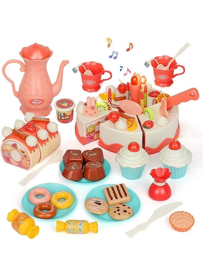 Birthday Cake Toy - Pretend Food with Lights and Music, Pretend Play Cutting Food Toys, Kids Kitchen Playset with Tea Set, Educational Toys Gifts for 3 4 5 6 Year Old Girls