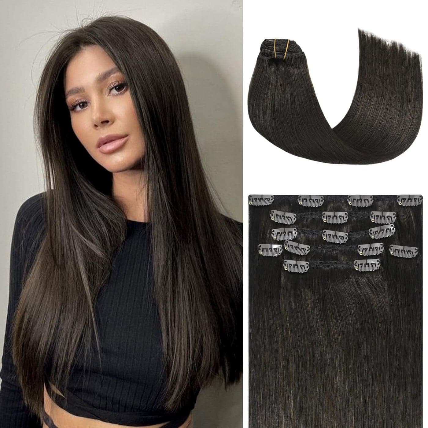 Honsoo Dark Brown Clip in Human Hair Extensions 70g 7pcs 15Inch Real Human Soft Thick Human Hair Extensios No Shedding For Full Head