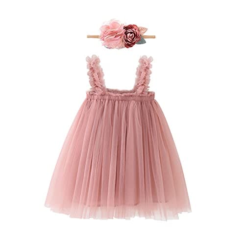 1st First Birthday Outfit Girl Baby Wedding Flower Girl Dress Toddler Tutu Tulle Princess Summer DressFlower Headband One Year Old Birthday Gifts Cake Smash Party Photoshoot Pink 912 Months