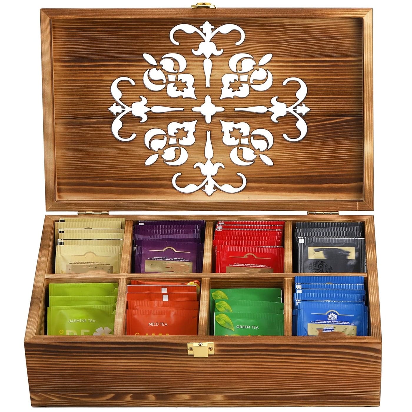 Coloch Wooden Tea Bag Storage Box with Carved Lid 8Compartment Tea Chest Organizer Spice Packets Container for Living Room Kitchen Office Home Decor