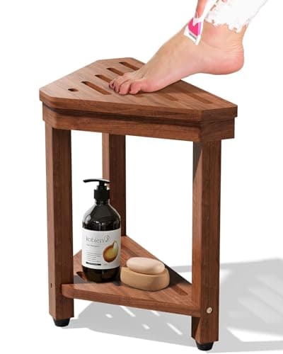 Shower Foot Rest 15 in Acacia Shower Stool for Shaving LegsCorner Bath Shower Bench with Starage Shelf for Inside Small Shower Spaces