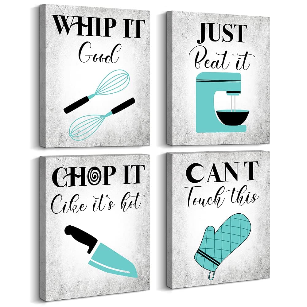 ARTINME Teal Kitchen Quotes Wall Art Set of 4 Retro Vintage Inspirational Canvas Poster Prints Sign for Dining Room Cafe and Restaurant Home Decorations