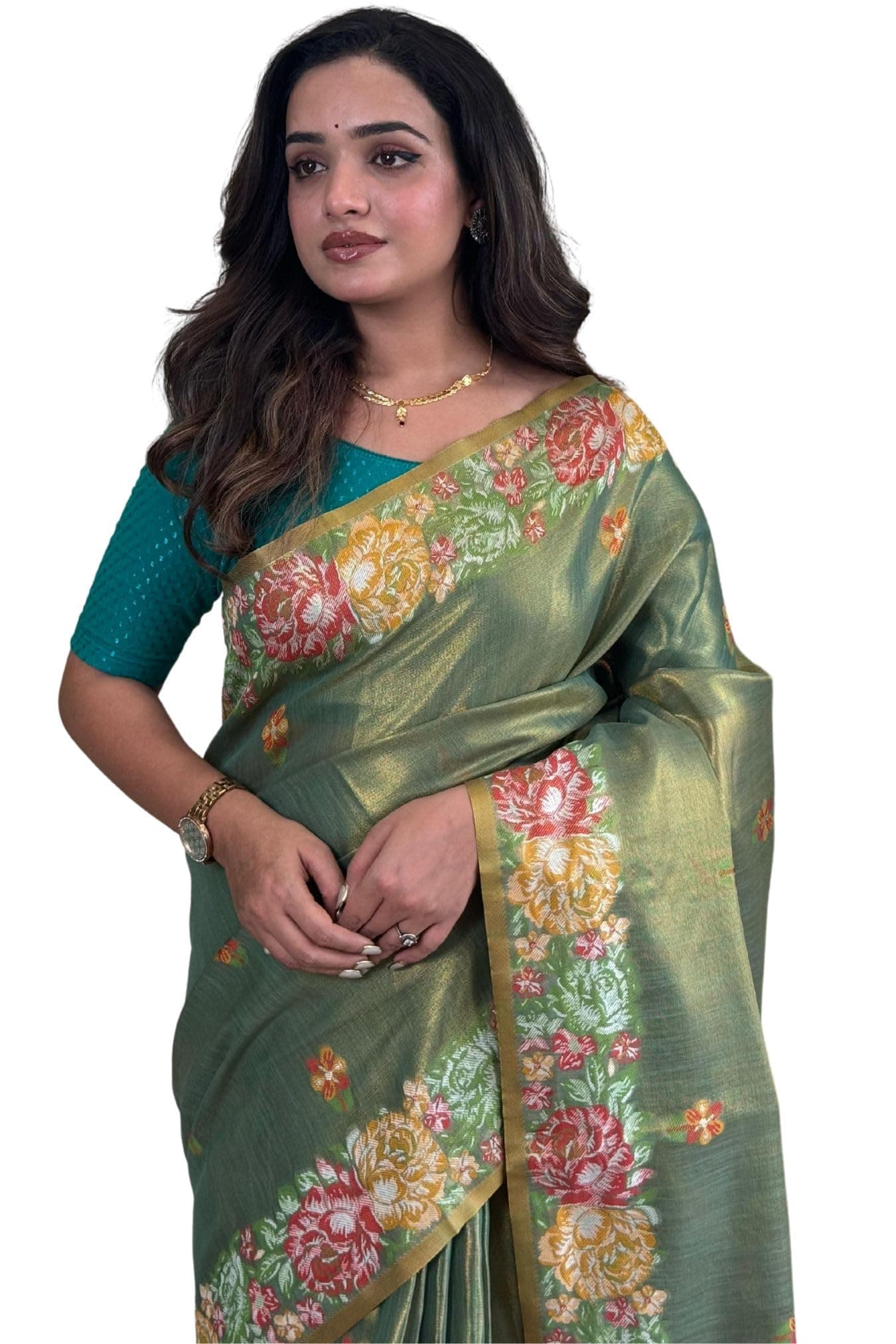 SGF11 Women's Kanjivaram Tissue Pure Soft Silk Saree With Unstitched Blouse Piece (Green)