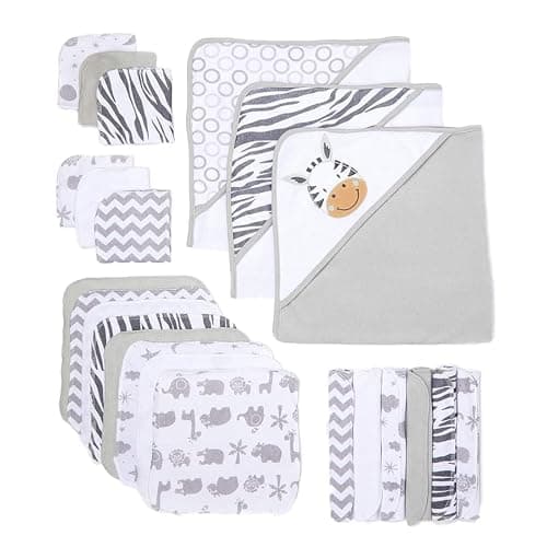 Spasilk 23-Piece Soft Terry Hooded Bath Towel and Washcloth Gift Set, 3 Baby Towels and 20 Baby Washcloths for Unisex Newborn Bath Essentials, Ideal, White Zebra