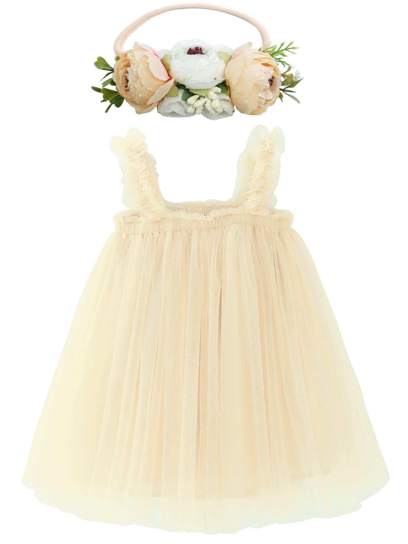 BGFKS Layered Tulle Tutu Dress for Toddler Girls,Baby Girl Rainbow Tutu Princess Skirt Set with Flower Headband.(Champagne,6 Months)