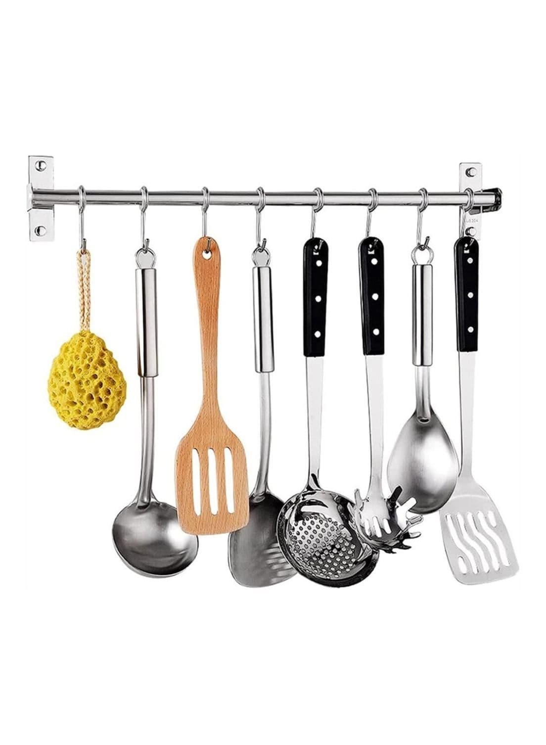 Kitchen Utensil Rack Wall Mounted Stainless Steel Hanging Rail Organize Tools with 8 Removable Sliding Hooks for Pot Lid Pan Spoon BBQ Tools Cookware Hanger Bar