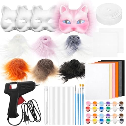 Seenelling 33 Pcs Therian DIY Mask Kit for Beginners Including Blank Cat Mask Faux Fur Fabric Felt Fabric Plastic Mesh Sheet Colorful