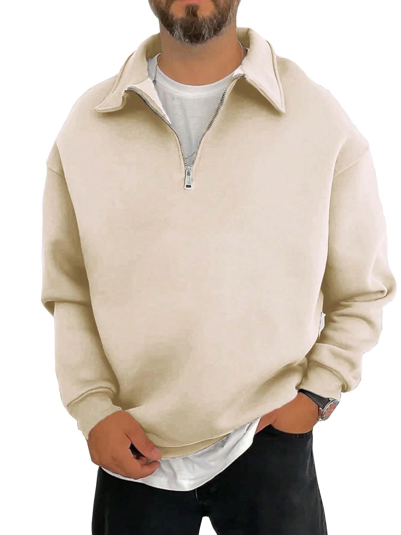 SXV STYLE Men's Half Zipper Collared Sweatshirt (in, Alpha, L, Beige)