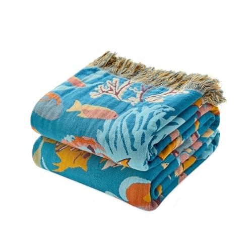 LUTBM Throw Blanket for Couch Sofa 100 Cotton Blankets for Bedroom Living Room Summer Soft All Season Reversible Underwater Ocean Life Embroidery Throws Coastal Home Decor 50x60